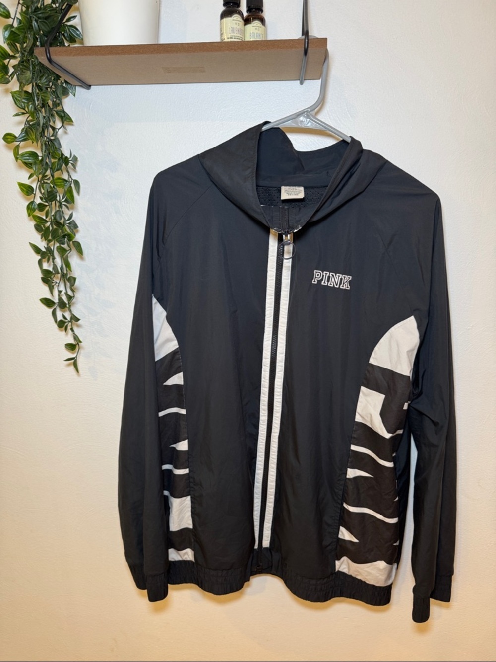 PINK Victoria's Secret Black Hooded Windbreaker with White Panel Accents sizeM/L